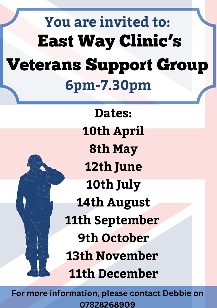 Veterans Support Group: A group for veterans of any armed forces. Runs from 6pm to 7:30pm at East Way Clinic on the second Wednesday of each month.