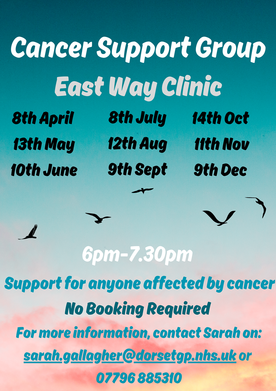 Cancer Support Group: A peer support group for anyone affected by cancer. Runs at East Way Clinic from 6pm until 7:30pm on the second Monday of every month.